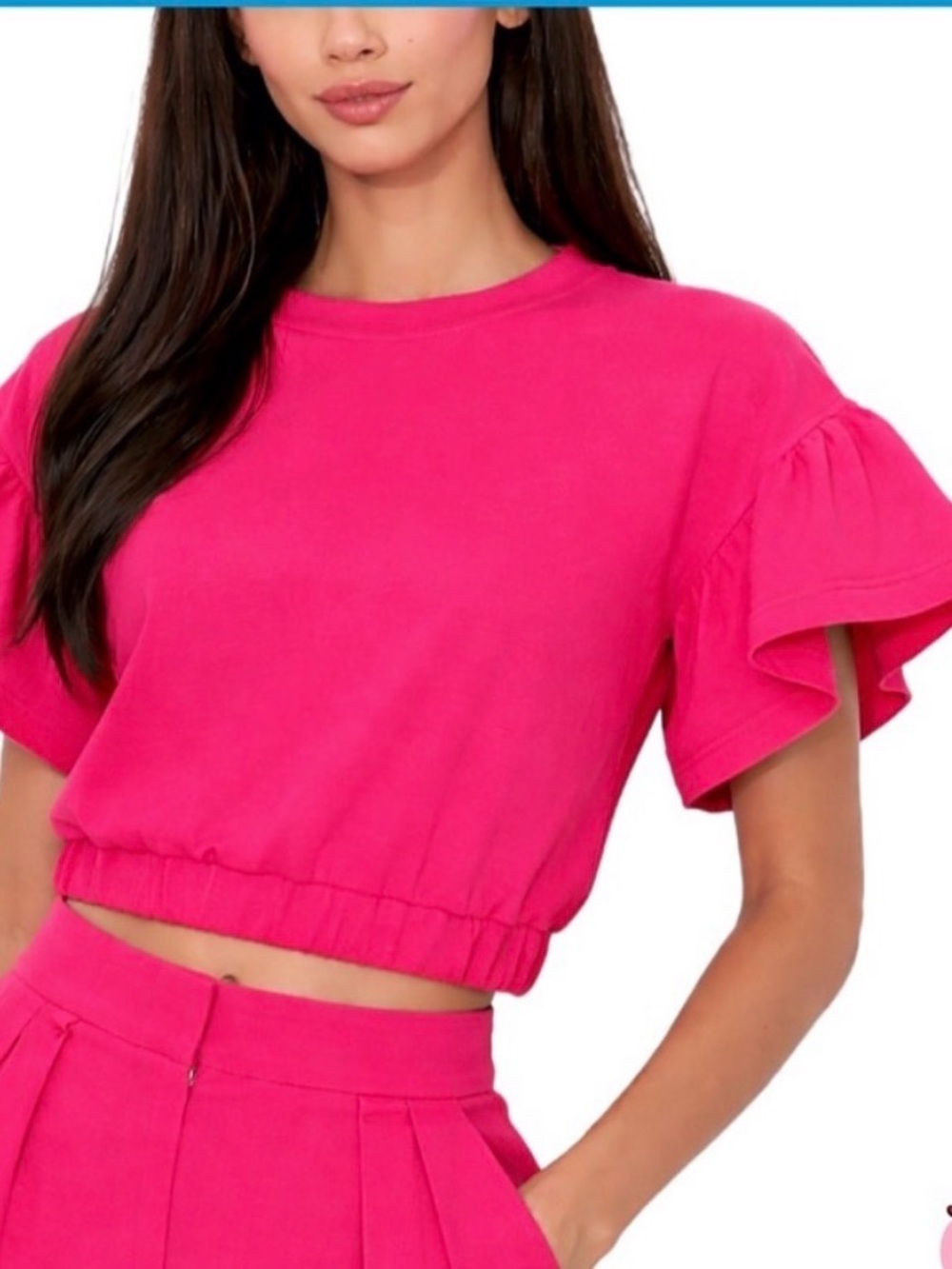 Alice + Olivia Joline cropped sweatshirt with short flutter sleeve, pink, sz S